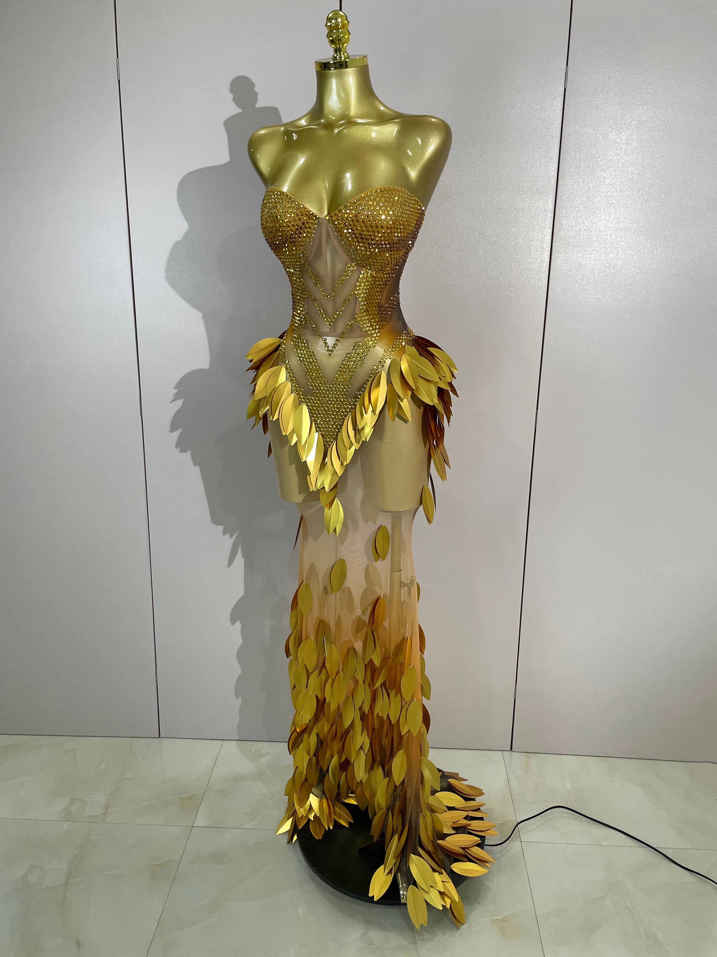 Luxury Gold Diamonds Leaf Strapless Sexy Mesh See Through Long Dress Birthday Evening Celebrate Party Nightclub Show Stage Wear