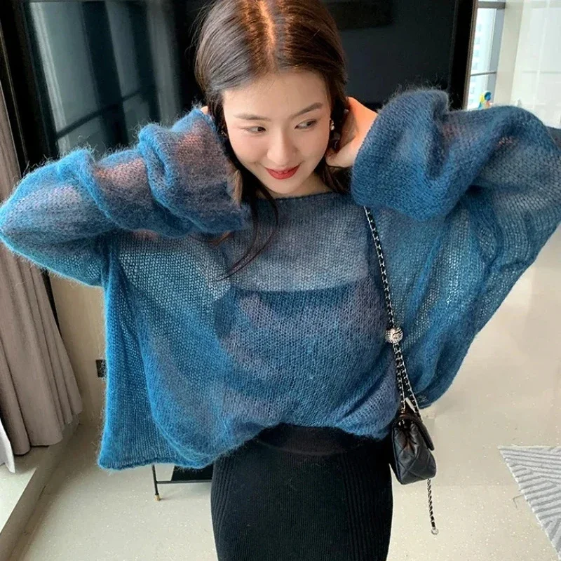 Solid Color Women Pullover Mohair Sweater Loose Oversized Sexy Off Shoulder Hollow Knit See Through Harajuku Long Sleeve Sweater