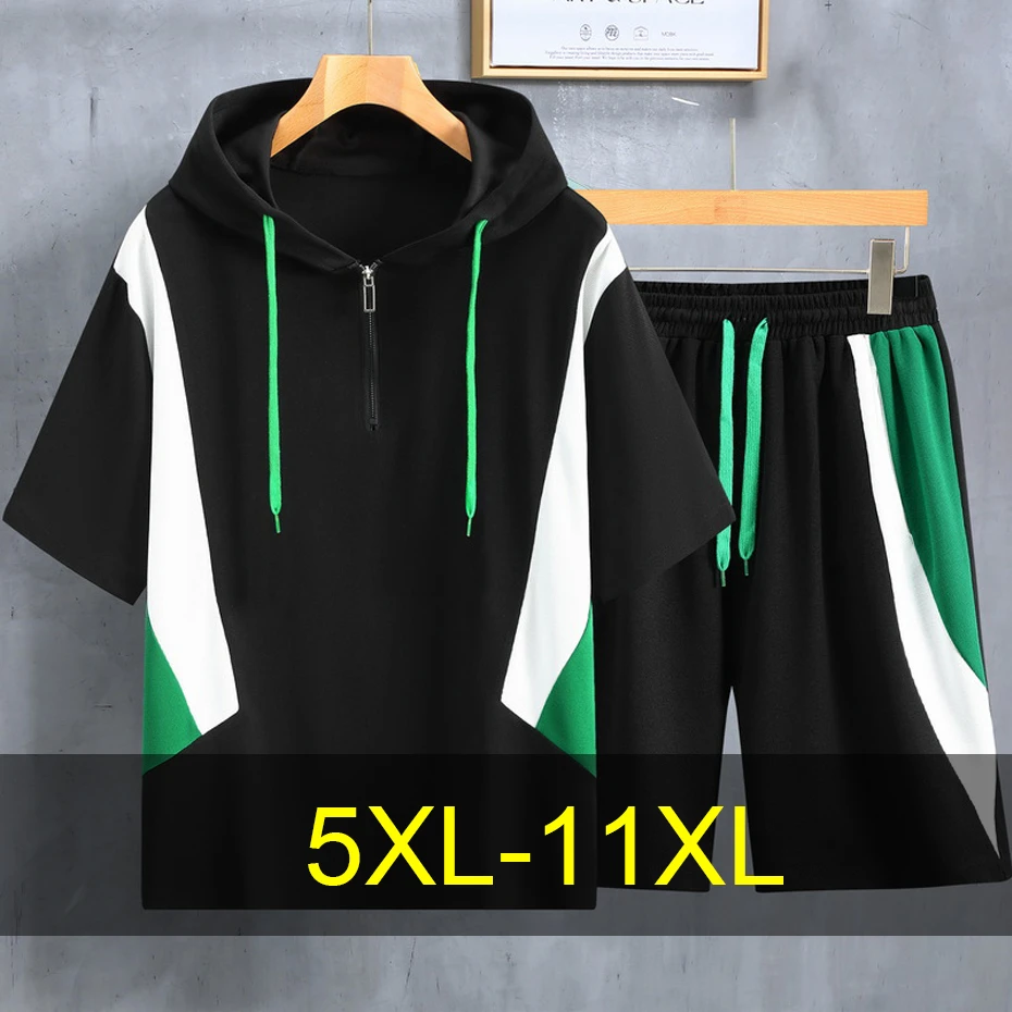 

Men's Sets Summer Hooded T-shirt Shorts Plus Size 11XL 10XL Fashion Casual Patchwork Suits Male Big Size 11XL