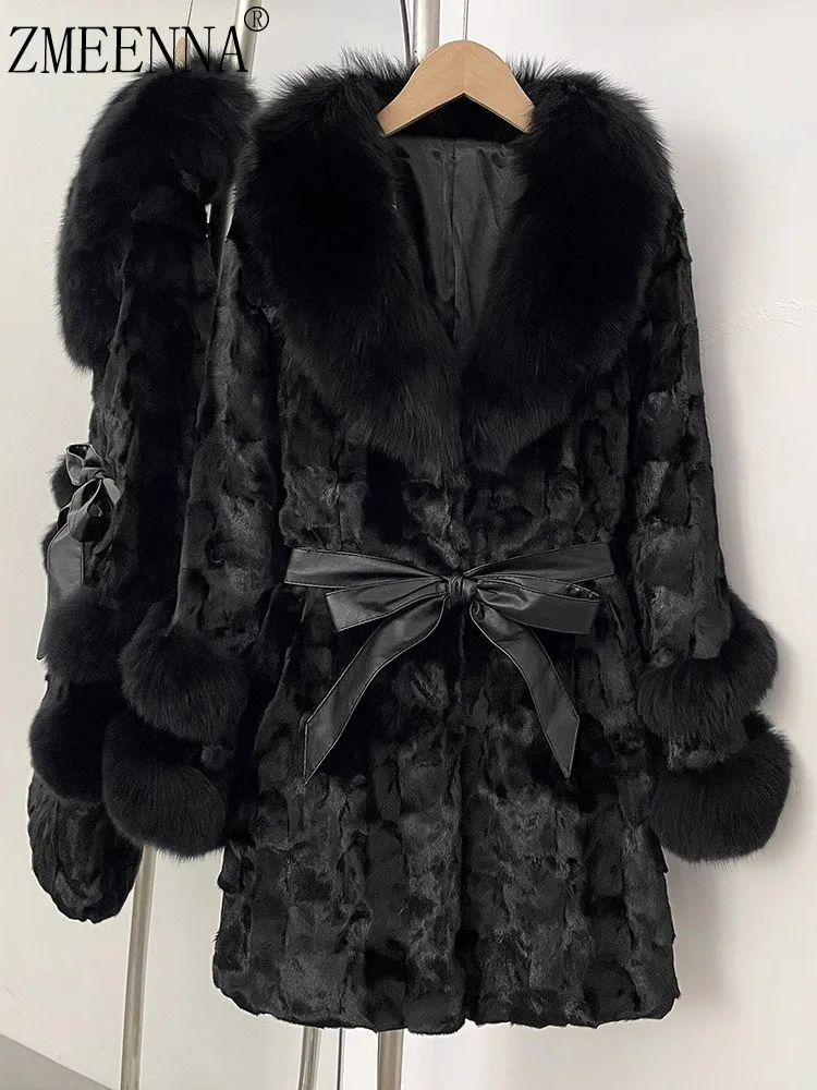 

ZMEENNA Women's Chic Black Faux Fur Coat With Leather Belt Luxurious And Warm Outerwear Jacket For Winter ZM3896