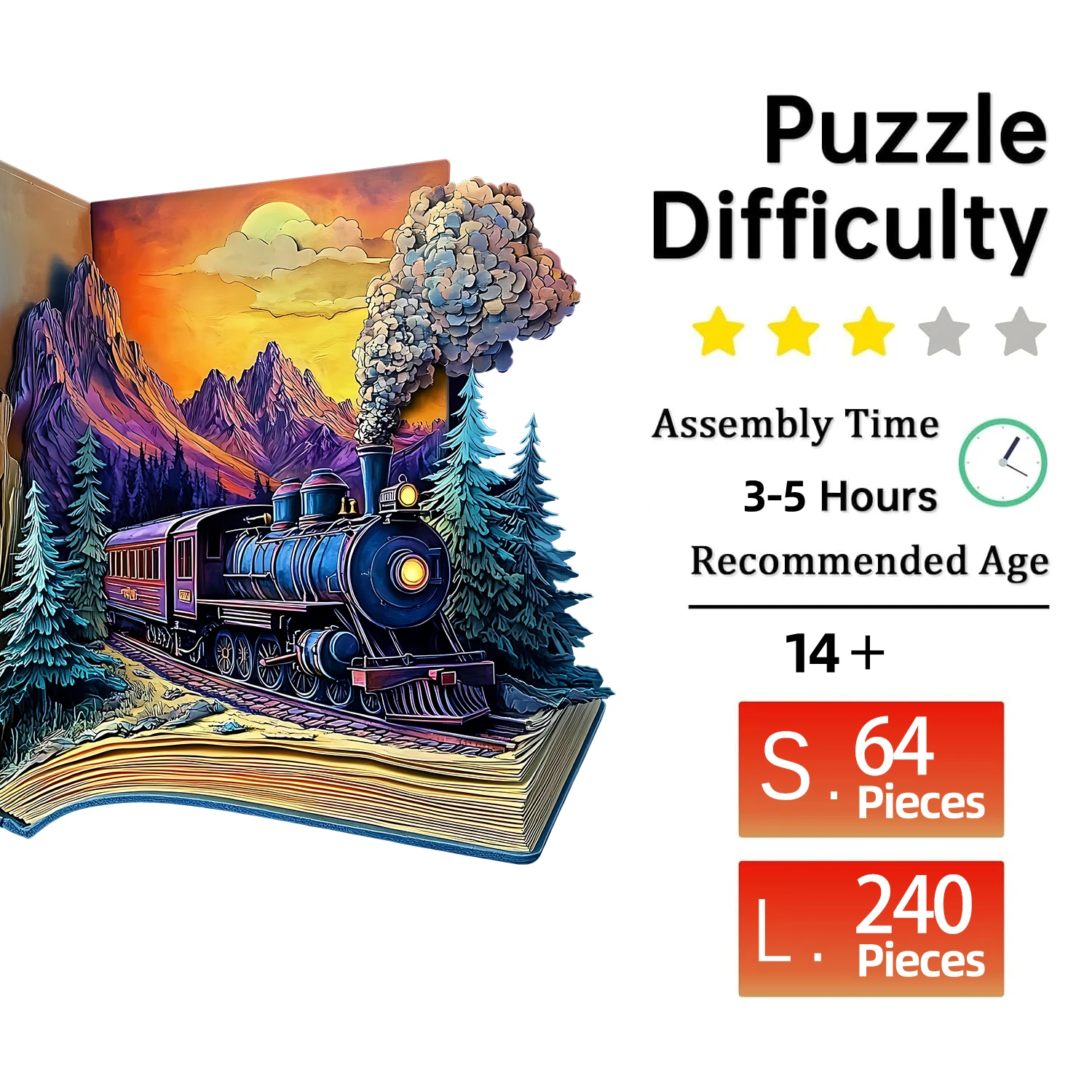 Wooden Puzzle for Adults -The train in the book Puzzle, Unique Shape Wooden Jigsaw Puzzles, Modern Art Home Decor