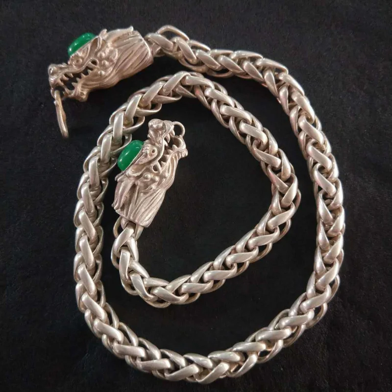 Ethnic Style Retro White Copper -Plated Sweater Chain Jewelry Tibetan Silver Inlaid Gemstone Long Necklace