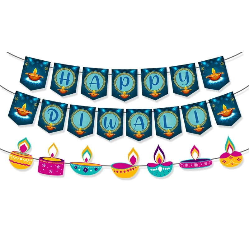 2Pcs Indian Diwali HAPPY DIWALI Letters Swallow Flags Hanging Banner Candle Shape Banner Backdrop for Diwali Party Decorations