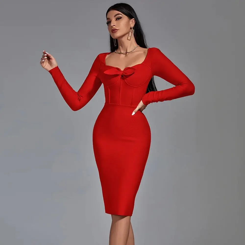 

Lady Sexy Elegant Bodycon Bandage Dress Women Long Sleeve Bow Split Evening Club Party Red Midi Dresses 2022 Autumn New Arrivals