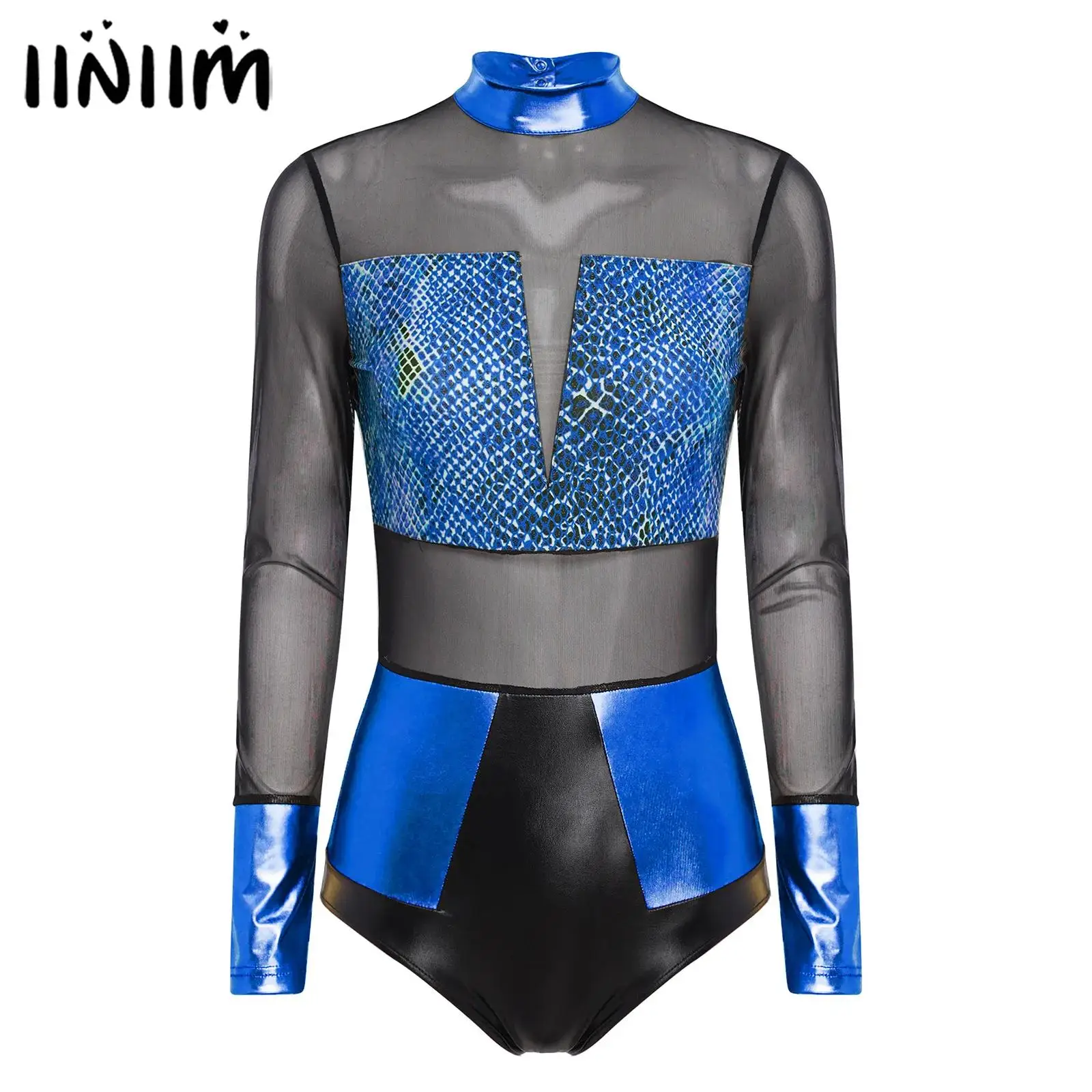 

Womens Metallic Shiny Clubwear One Piece Leotard Bodysuit Snakeskin Pattern Print Sheer Mesh Jumpsuit Raves Disco Party Outfits
