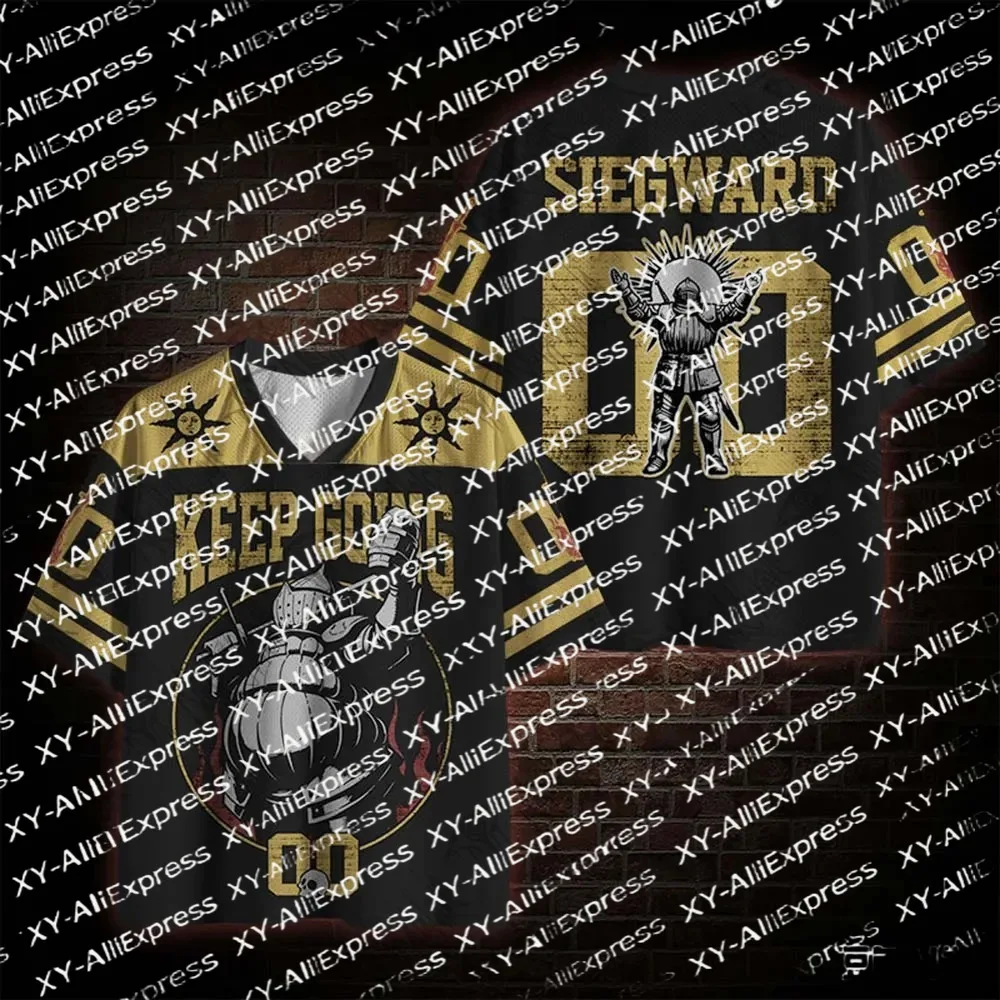 Men Black Gold Mesh Jersey, Medieval Knight Warrior Full Print V-Neck Short Sleeve, Breathable Mesh Fantasy Varsity Street Style