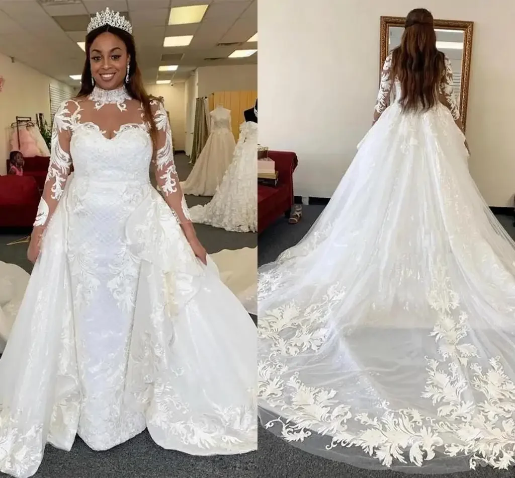 

Robe De Mariage по индивидуальному заказу, последний стиль, африканское свадебное платье русалки с длинными рукавами и скользящим шлейфом, кружевные свадебные платья с высоким воротом