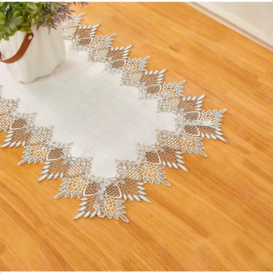 Runner da tavolo in lino naturale da 72 pollici, tonalità neutre della terra, pizzo beige, runner da tavolino artigianali, sciarpa drer per la primavera dell'est