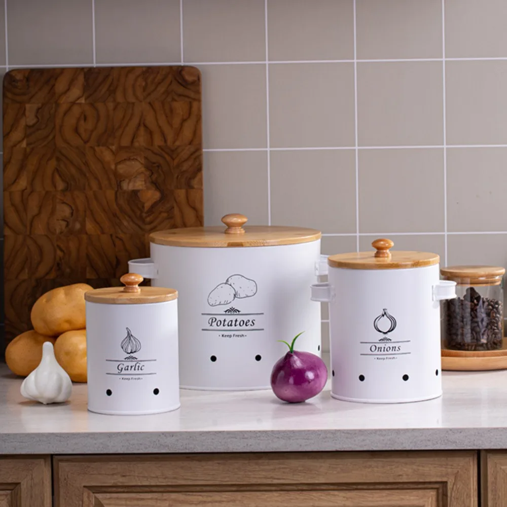 Carbon Steel Potato Onion Garlic Storage Jar with Lid Cylindrical Garlic Storage Bin White Ventilation Holes view 5