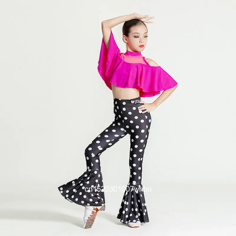 

Детский комплект для латиноамериканских танцев с длинными рукавами, брюки с разрезами, костюм для девочек, наряд для выступлений