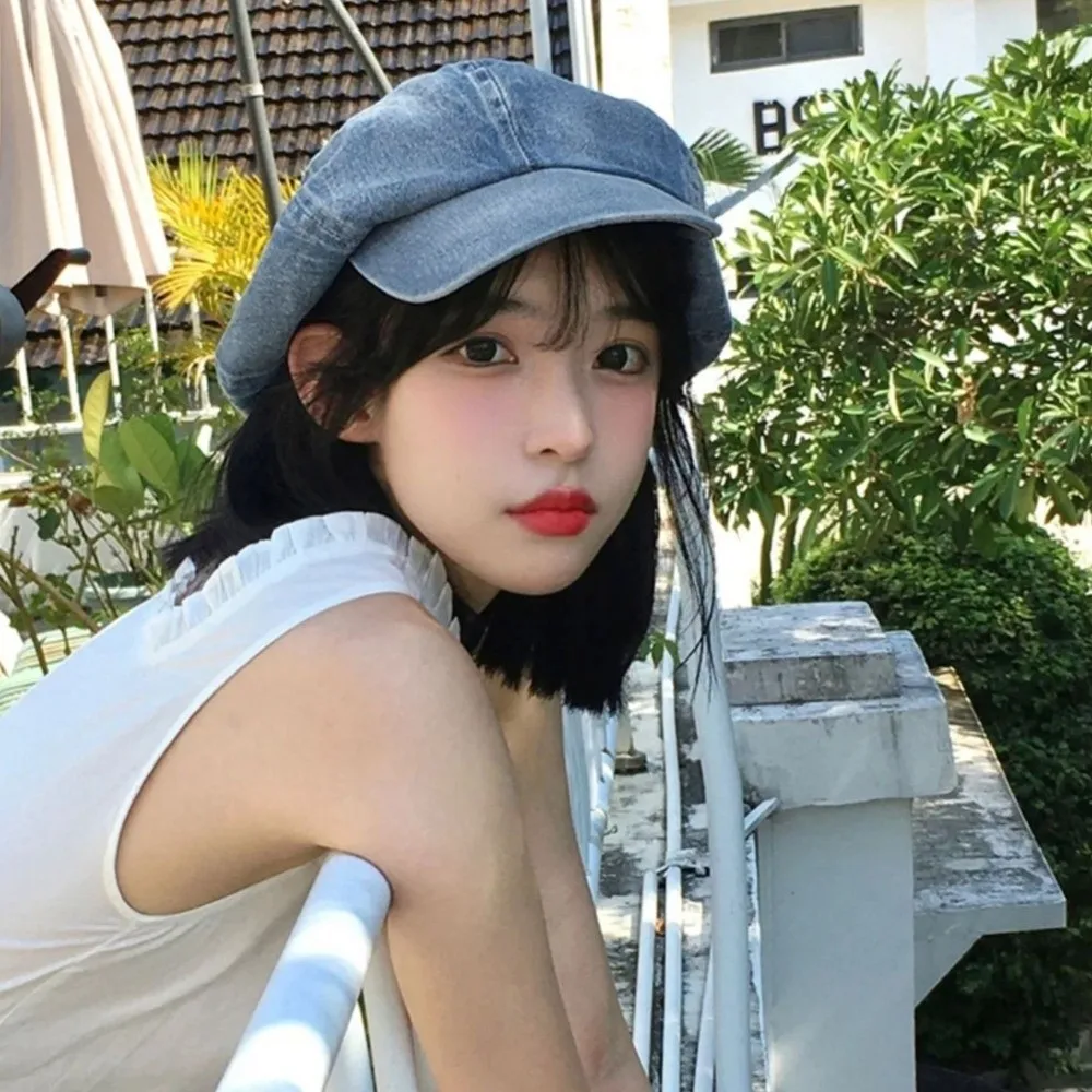 

Personality Washed Cloth Denim Beret Head Circumference Korean Style Newsboy Cap British Style Denim Octagonal Hat Ladies