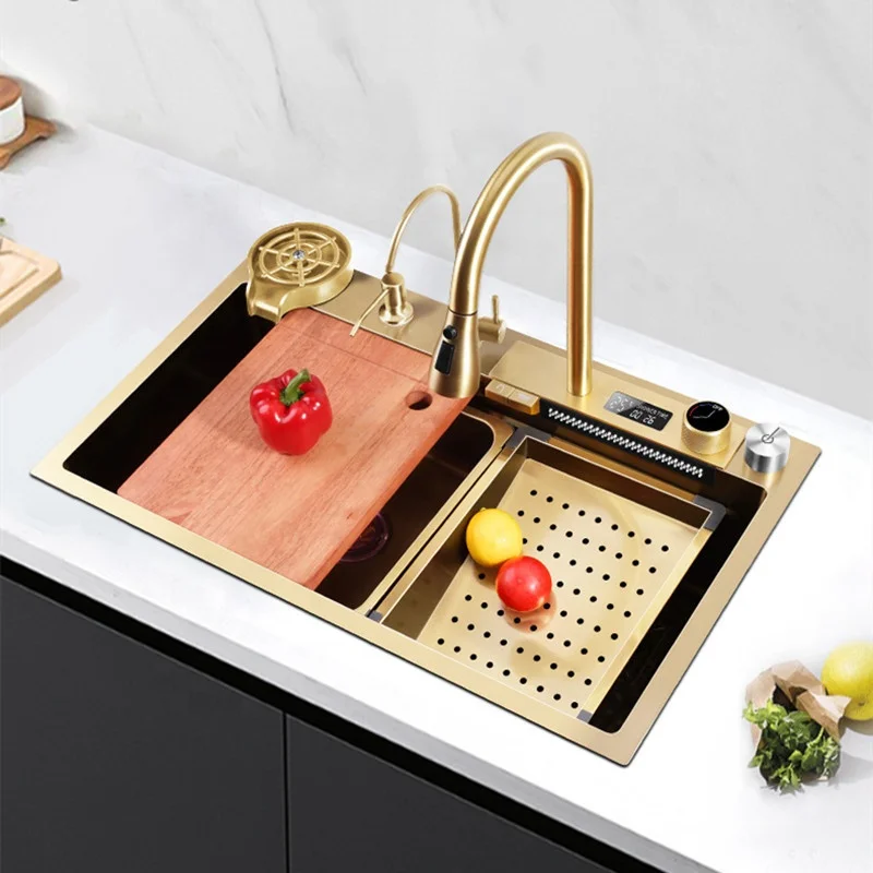 Gold Nano SUS 304 Piano Digital Display Waterfall Faucet Kitchen Sinks