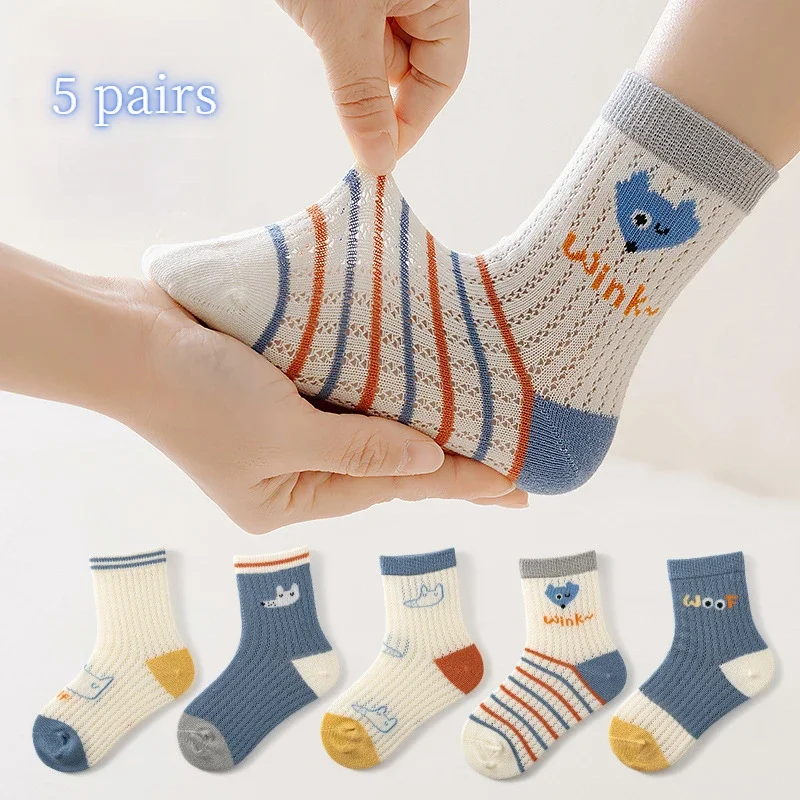5 Paar Kindersocken aus Sommer-Baumwolle, niedlich, atmungsaktiv, für Jungen und Mädchen, Cartoon-Kinder-Babysocken, Mesh-Freizeitsocken