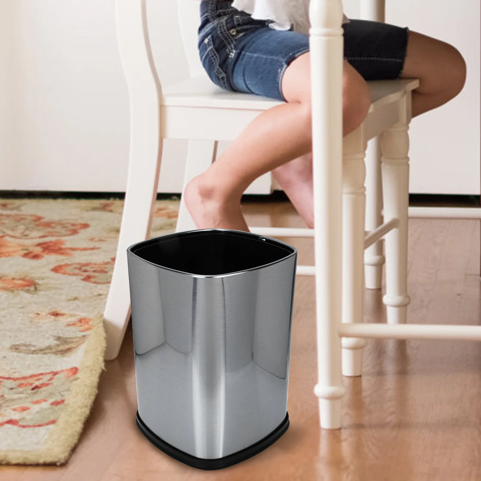 

Stainless Steel Trash Can Square Waste Bin Household Garbage Container Lidless Metal Basket For Office Home Non-Slip