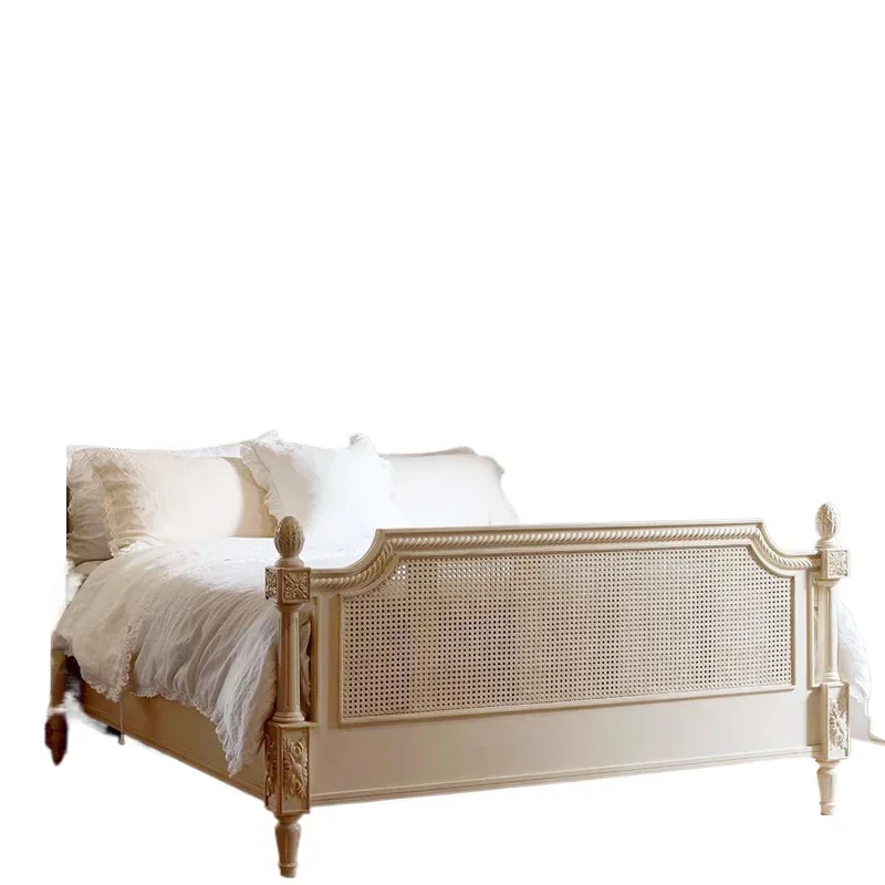 

French retro rattan bed double bed, European solid wood carving flower children's bed, American cream