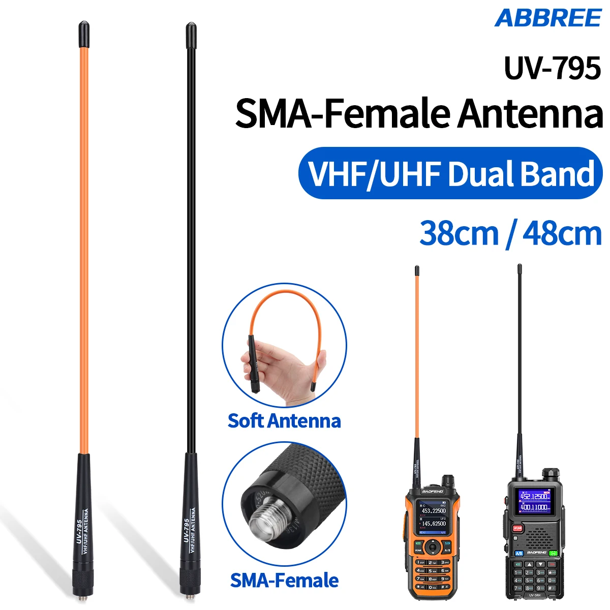 Abbree UV-795 walkie talkie macio sma-antena fêmea vhf/uhf banda dupla alto ganho para baofeng UV-5R UV-5RH UV-32 AR-152 rádio amador