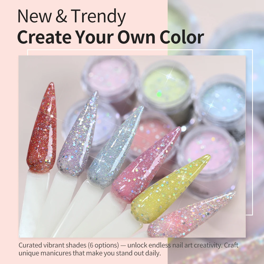 

6 баночек по 7 г профессиональной акриловой пудры Holo Glitter для наращивания и моделирования ногтей, французского маникюра, полимерная пудра для домашнего и салонного использования