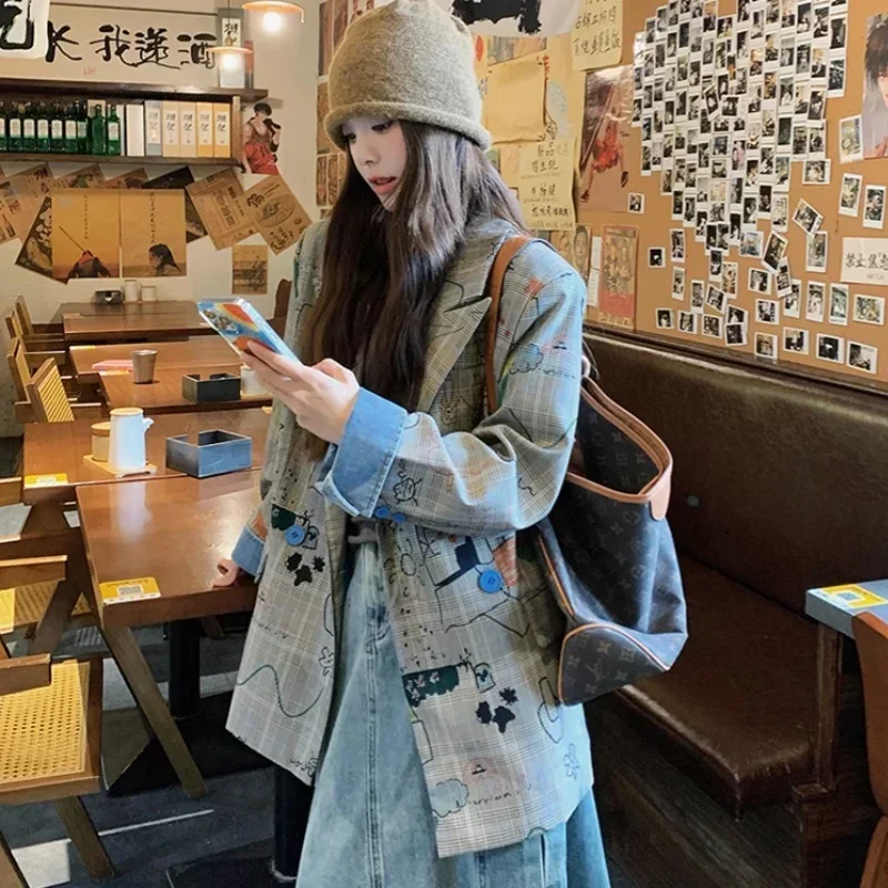 High Street Y2K Design Graffiti Plaid Blazer Jacket Loose Tailored Coat Women Casual Funny Cartoon Clothes Harajuku New Autumn