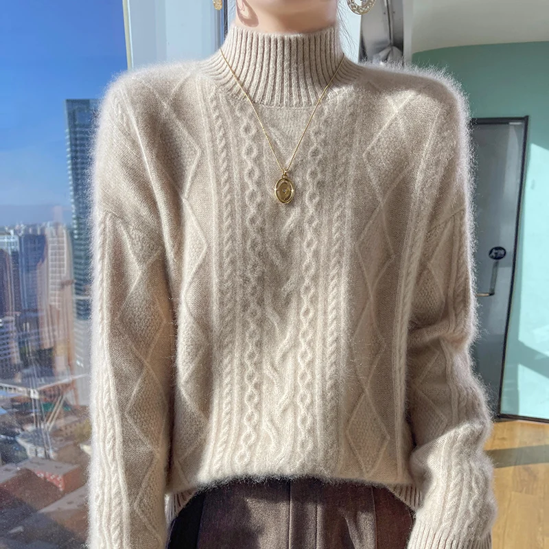 100% merino wool women\'s semi-high neck diamond twisted long sleeve thick sweater loose fashion knit bottoming shirt