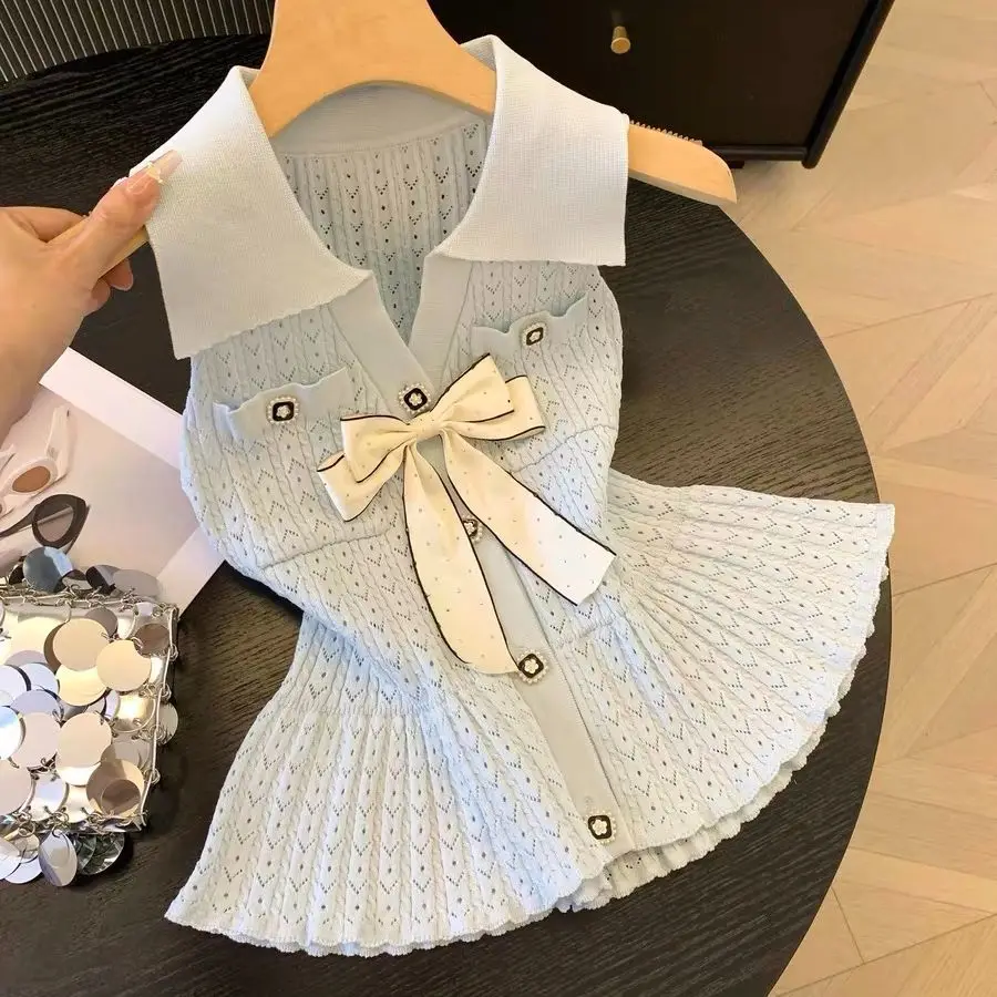 Verão coreano moda arco turn-down colarinho oco para fora regata feminina botões de tricô moda magro topo t roupas femininas