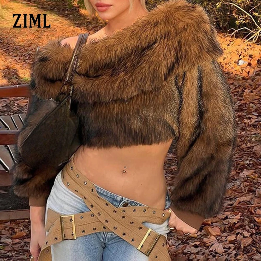 

ZIML Temperament Slimming Plush Sweaters For Women Slash Neck Off The Shoulder Sleeve Autumn Design Sense Sweater Female Fashion