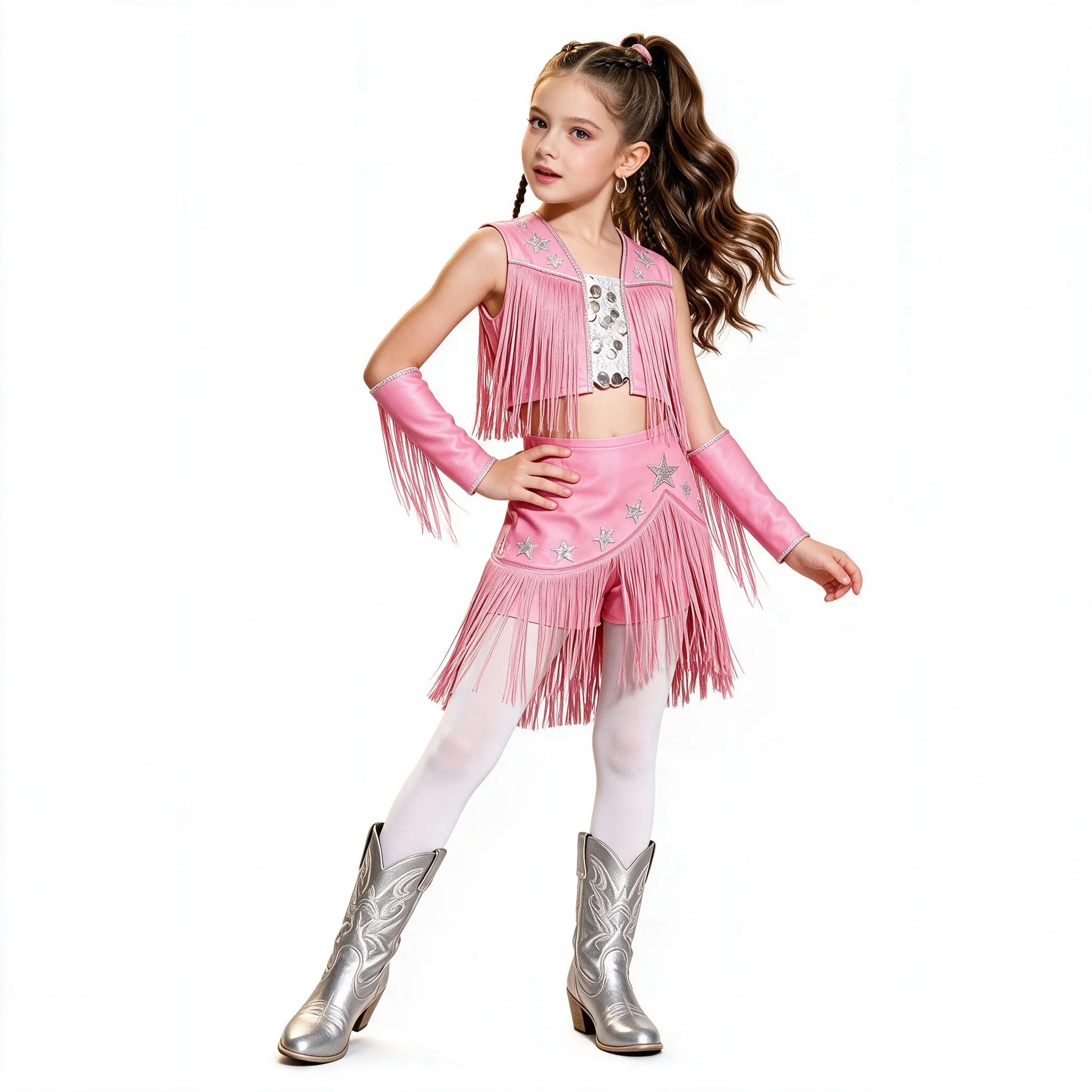 Girls Western Cowgirl Costume Tassel Sequin Rhinestone Jazz Dance Crop Tops with Culottes Oversleeve for Halloween Theme Party