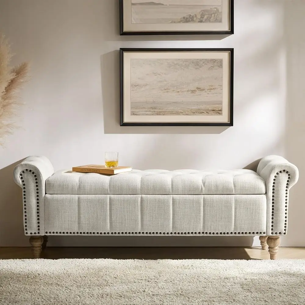 Vintage Button-Tufted Upholstered Storage Bench by HULALA HOME - Ivory End of Bed Furniture