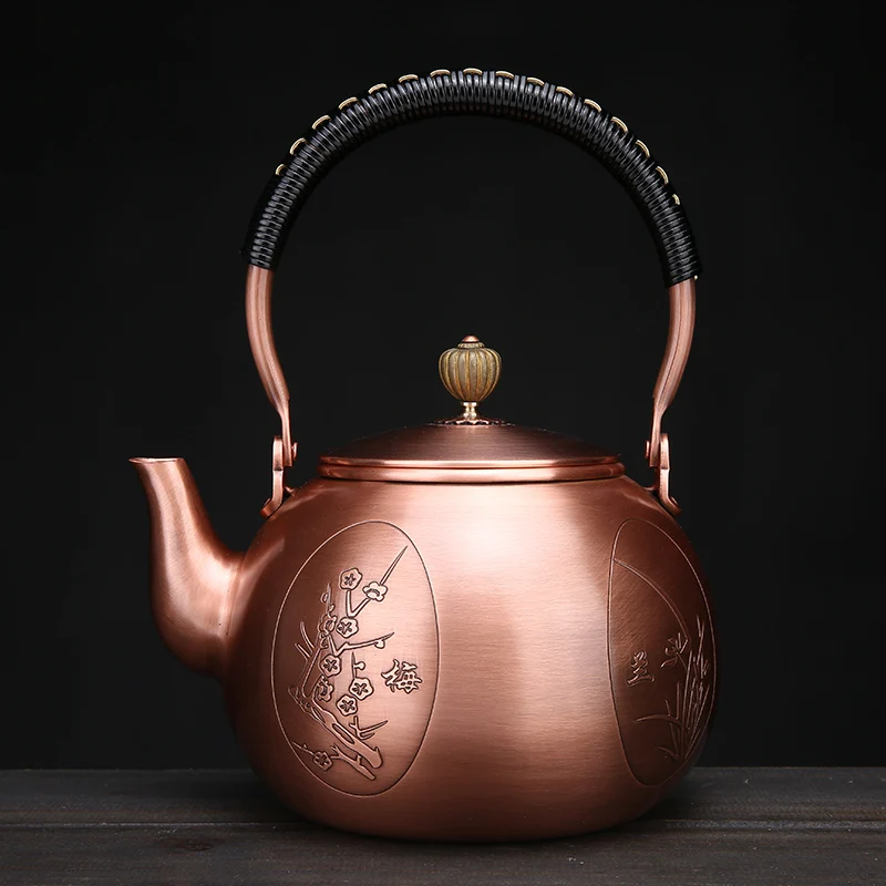 1200ML Antique Pure Copper Teapot Boiling Water Pot Handmade Carved Pot Red Copper Tea Set High-capacity Heath Copper Tea Kettle