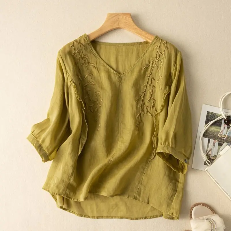 2024 Summer New Women\'s Pullovers Minimalist Commuter V-Neck Embroidery Elegant Loose Comfortable Three Quarter Chiffon Tops