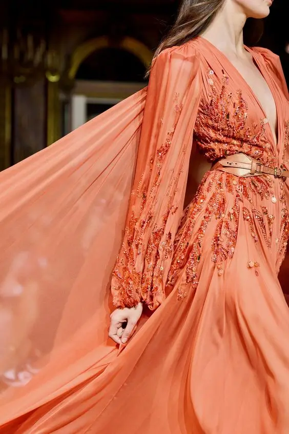 LY66 Zuhair Murad Orange Long Sleeves Chiffon Beaded V Neck  فساتين السهرة vestidos de fiesta  فساتين سهره evening dresses