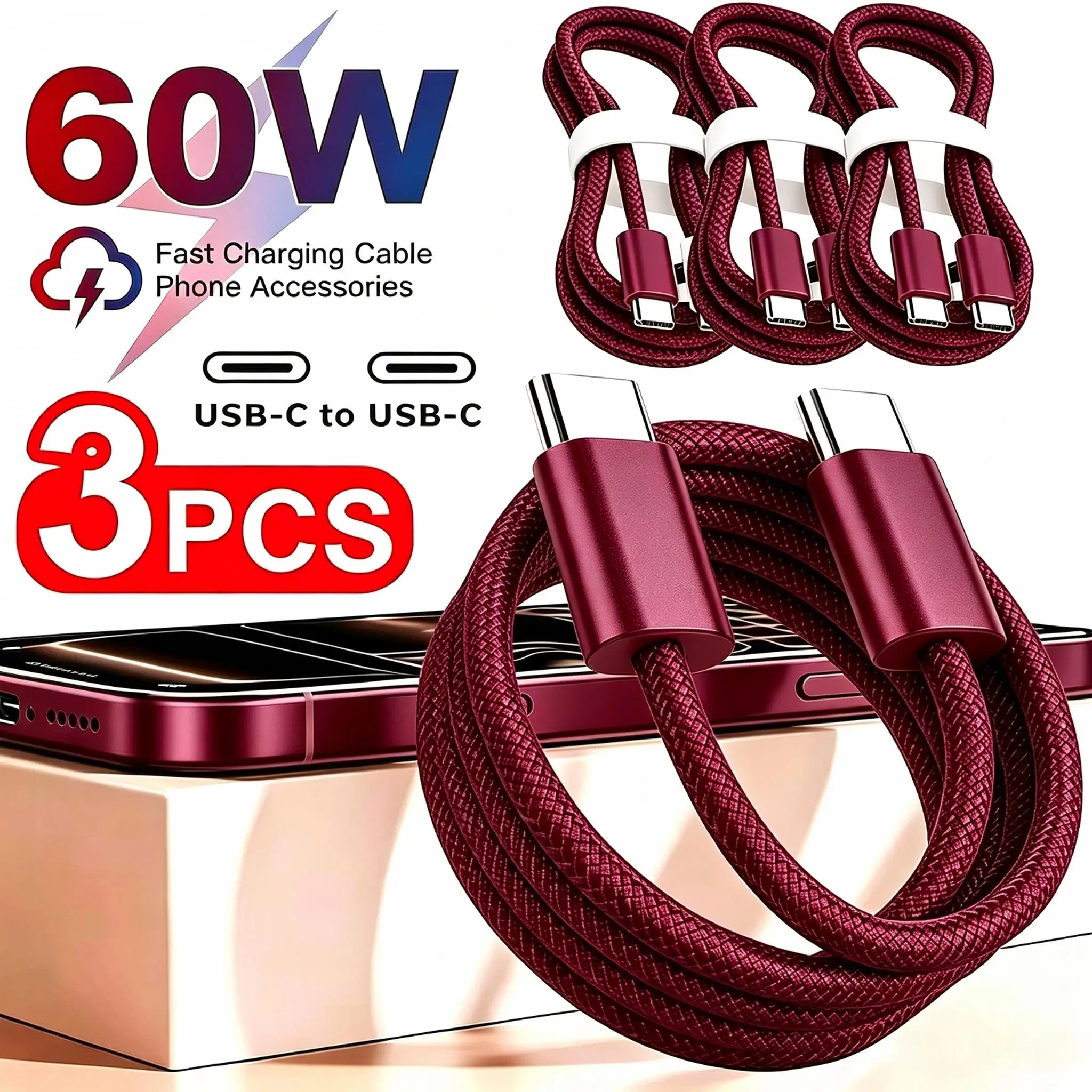 3PCS 60W USB Type C to C Cable For iPhone 15 16 17 18 Pro Max iPad Samsung Vivo Data Charger PD 60W Fast Charge Original USBC