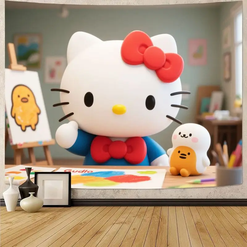 1PC Sanrio Hallo Kitty Malerei Kunst Klasse Nette Kawaii Mädchen Geschenk Tapisserie Moderne Polyester Wand Kunst Wohnzimmer Schlafzimmer Dekor