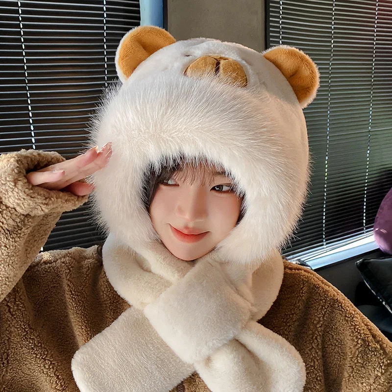 Trendy 3 in 1 Capybara Hat Scarf Set Cartoon Panda Scarf Hat Glove for Women Soft Ear Protection Furry Scarf Cap Set Girls