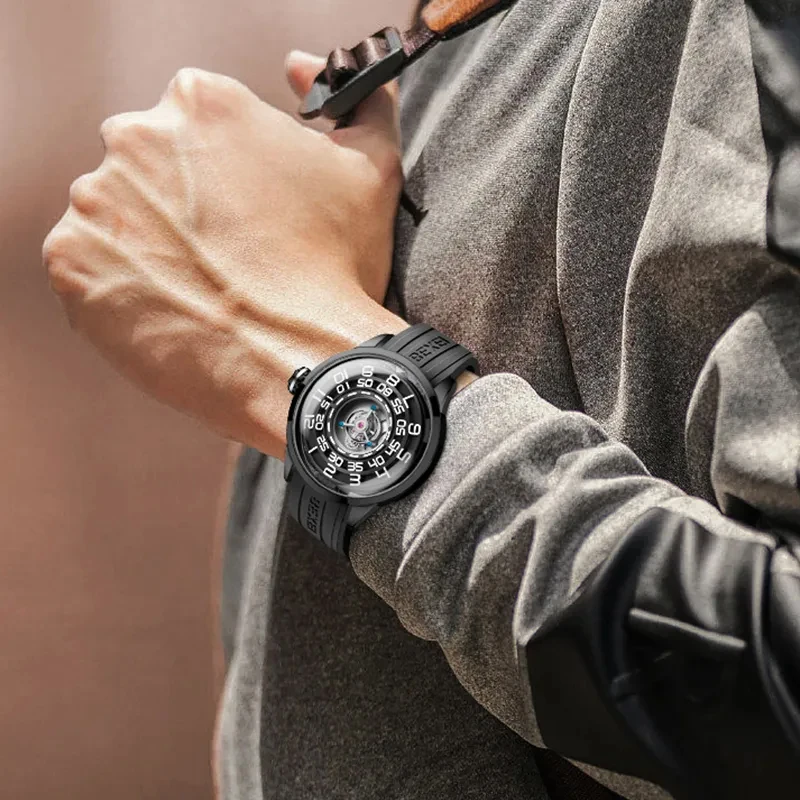BEXEI Tourbillon mecánico reloj de lujo para hombre centro volador de lujo Tourbillon movimiento Manual reloj de hombre agujero negro hueco 9110