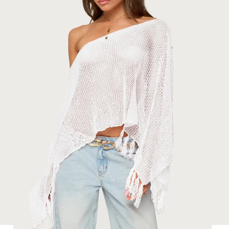 Women Crochet Knit Swimsuit Coverups with Tassels Hem Loose Fit Hollow Out See-through Off Shoulder Knitwear Pullover Tops