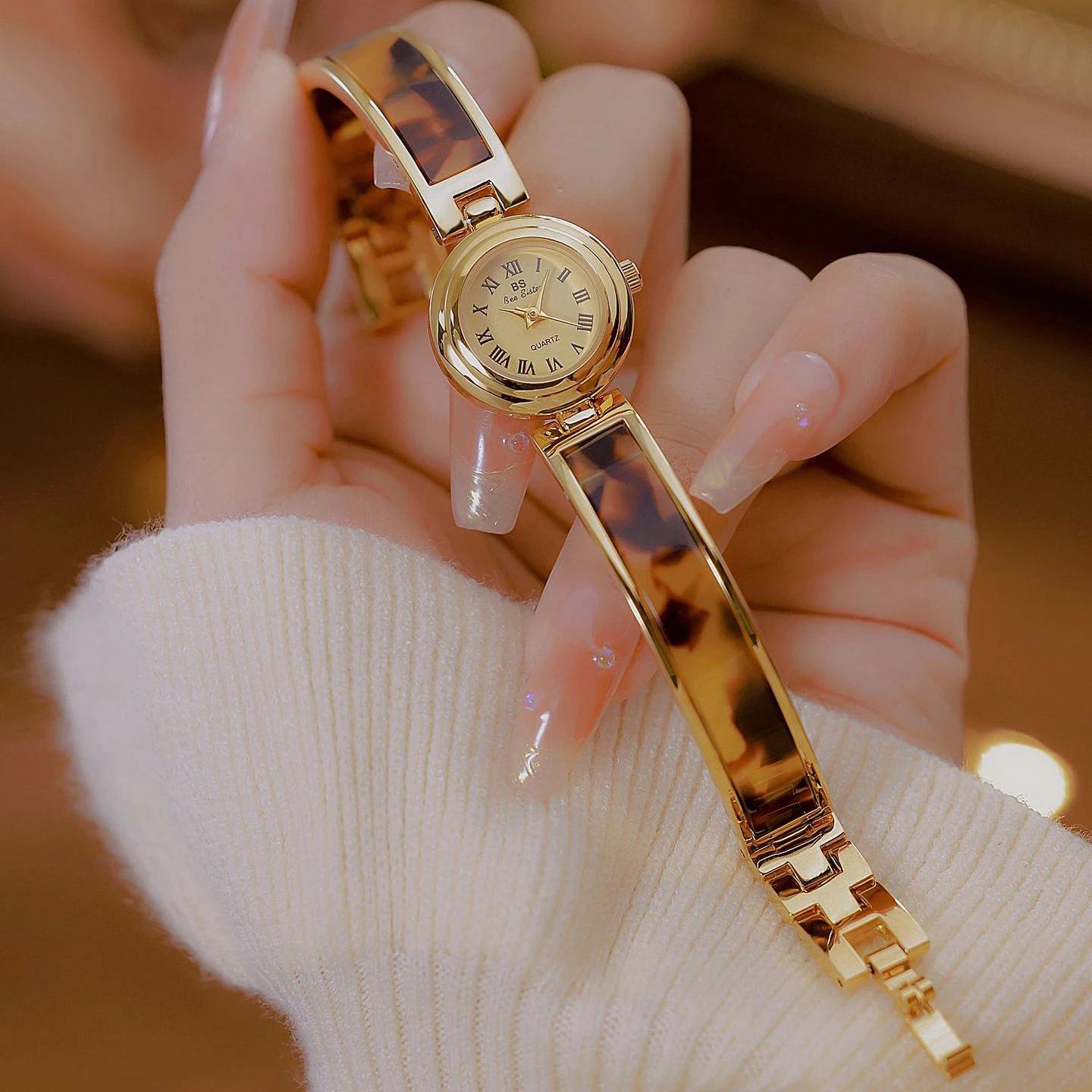 BS Элитный бренд, женские винтажные часы, платье, кварцевые часы, браслет из янтарной смолы, часы-цепочка, подарки для женщин