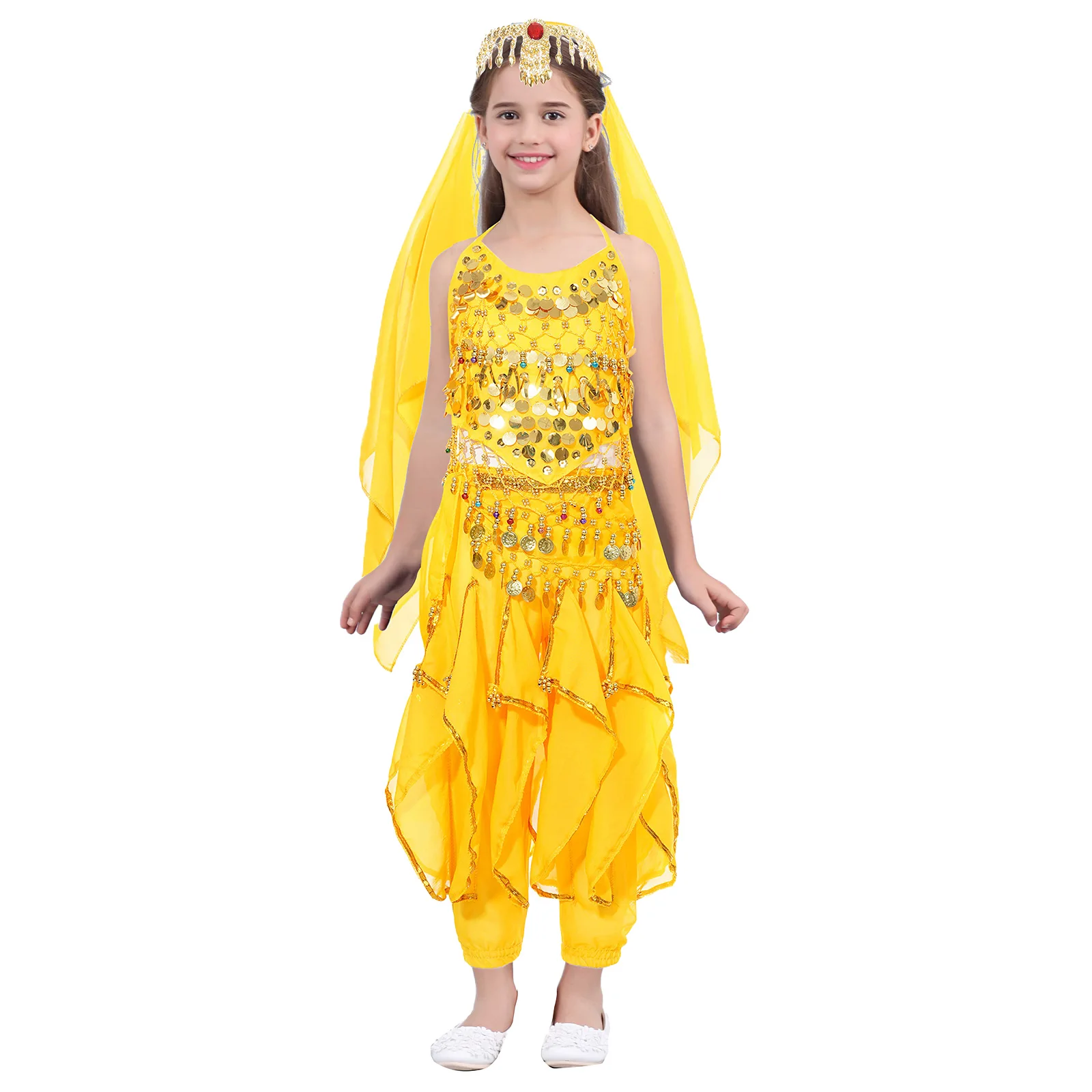 

Kids Girls Belly Dance Costume 5pcs Halloween Theme Party Lace-Up Sleeveless Crop Top+Ruffled Pants+Hip Scarf Headscarf+Headwear