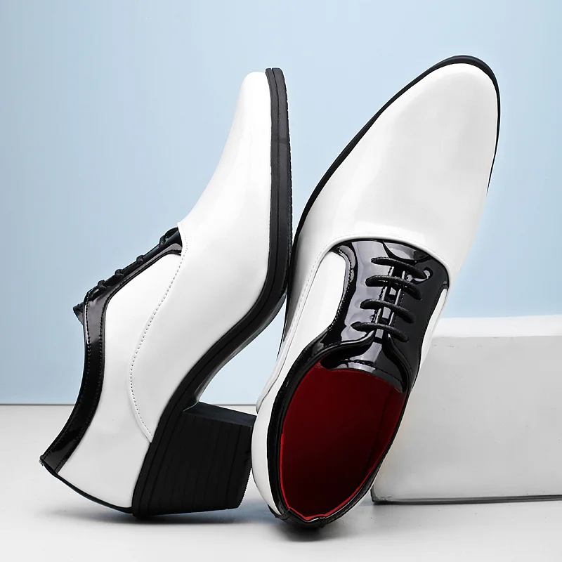 Fashion Shiny White Black Office Heels Men Formal Shoes Genuine Leather Platform Wedding Shoes Men Dress Shoes zapatos de vestir