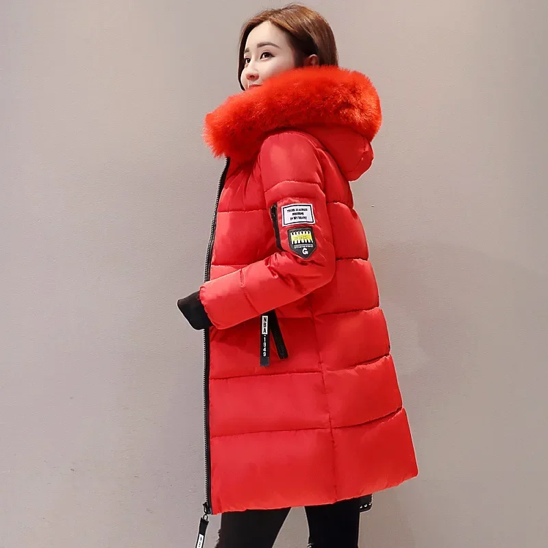 Abrigo de invierno para mujer, chaqueta de invierno de longitud media, chaqueta acolchada con capucha, chaqueta cálida con cuello de piel grande,