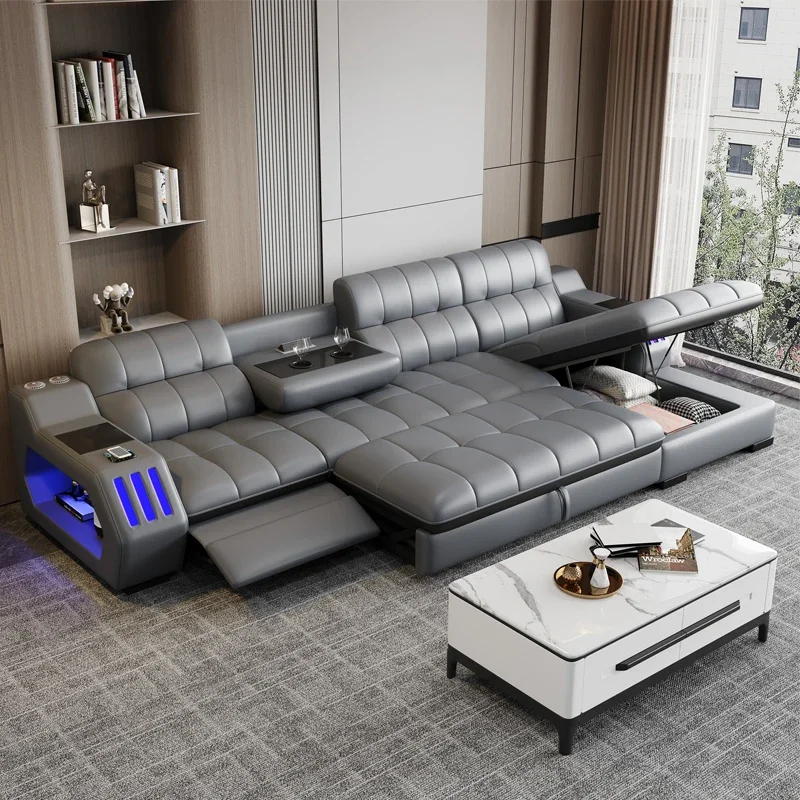 

-Popular New Products Massage Function Furniture Living Room Sofa 3 Set Leather Sectional L-shaped Princess Side Table Bluetooth