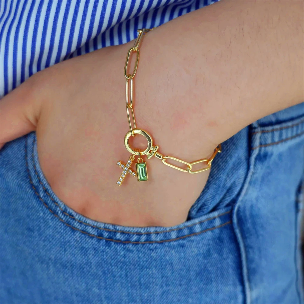 Pulsera con Cruz y Dije de Zircón, Chapada en Oro, Cadena de Clip Ajustable, para Mujer, Joyería Vintage
