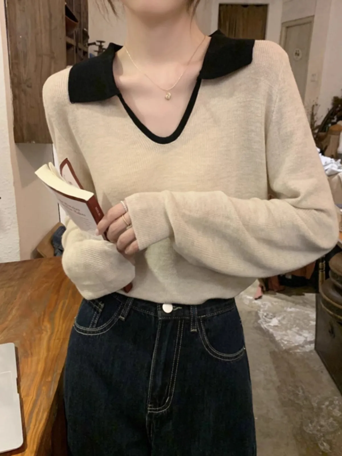 POLO collar cashmere sweater women\'s spring and autumn thin loose V-neck sweater contrast color wool base shirt