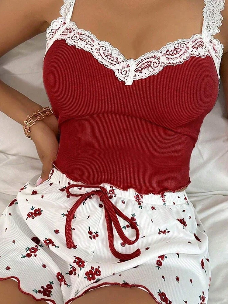 2026 new Women's Two-Piece Summer Ribbed Knitted Flower Print Lace Trimmed Camisole Vest and Bow Shorts Sexy Pajama Set