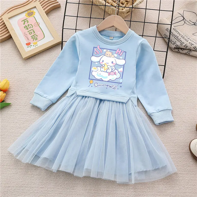 Sanrioed Kids Clothes Cartoon Kuromi Girls Long Sleeve Dress Anime My Melody Cinnamoroll Autumn Gauze Skirt Preppy Pleated Skirt