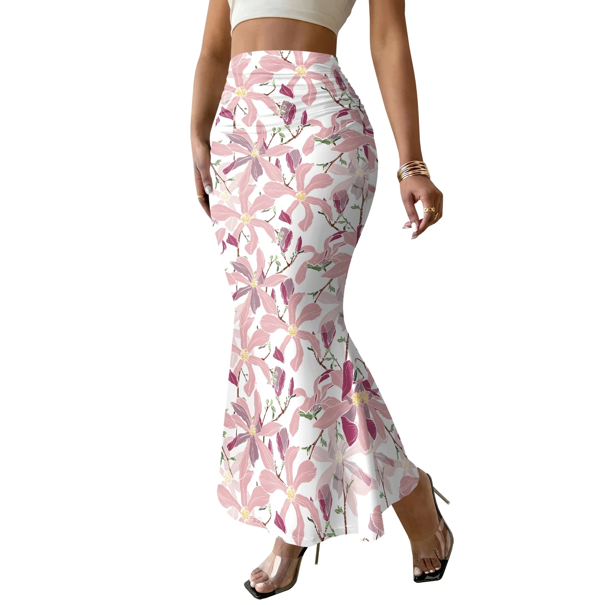 Pink Floral Mermaid Skirt, Elegant A-Line Bottom, Boho Summer Wear, Beach Party Outfit, S-2XL