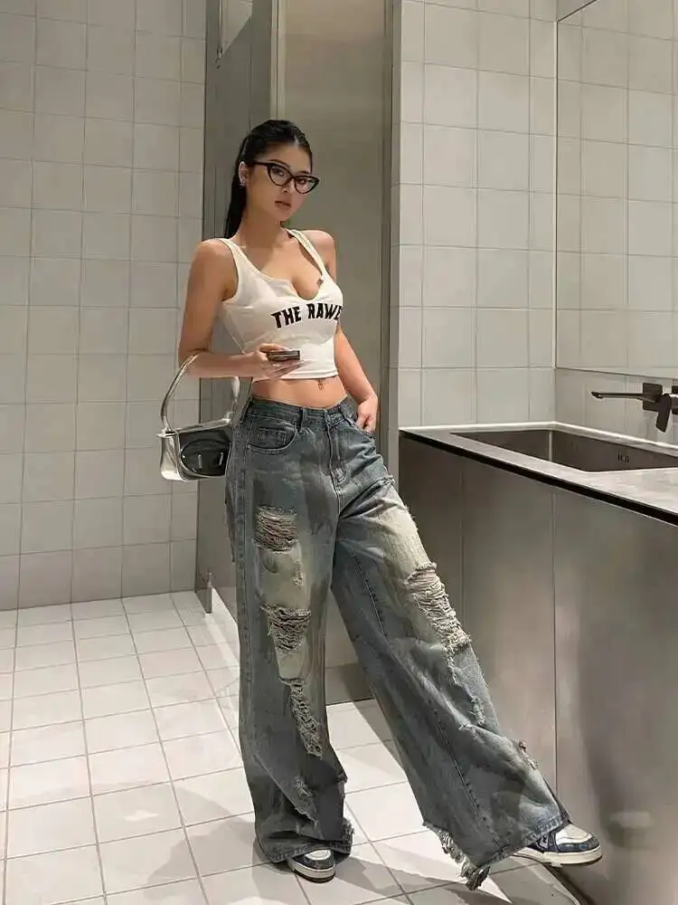 Heiße Mädchen Vintage Zerrissene Jeans Für Frauen Frühjahr Neue Hohe Taille Schlank Bodenlangen Hosen Mit Breiten Beinen Hosen LLV8