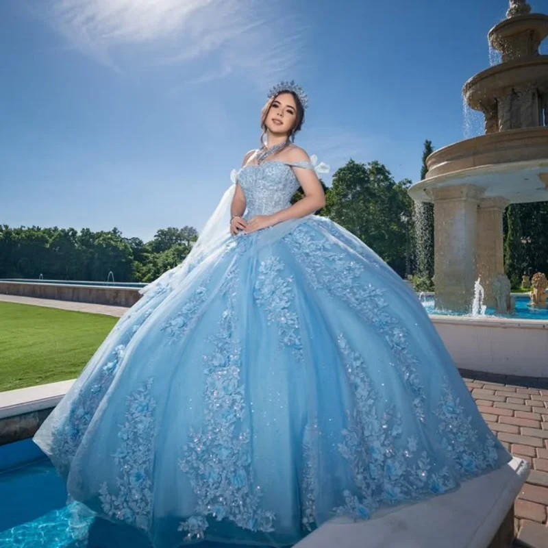 

Customized Shiny sky blue Quinceanera Dresses Off the Shoulder sequin applique 3D flower Bow Long tail Vestido 15 Quinceanera
