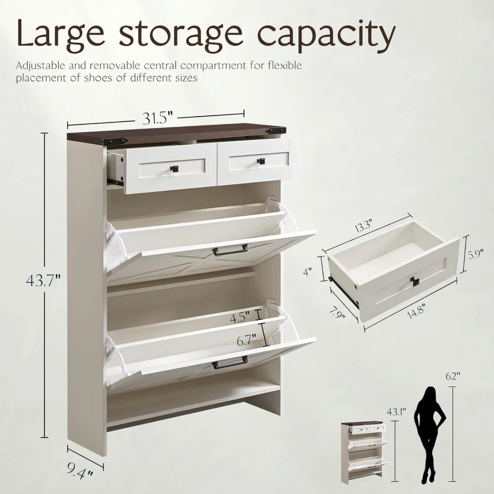 خزانة تخزين الأحذية على طراز المزرعة قائمة بذاتها مع أدراج مخفية وتصميم ضيق لتنظيم فعال