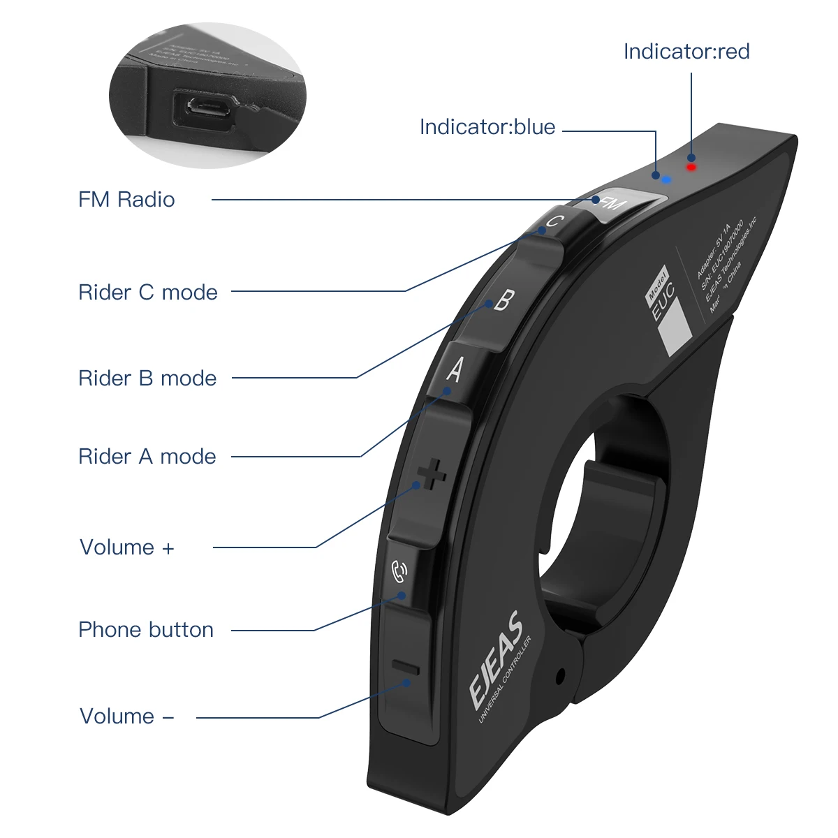 EGuitar AS-Interphone moto avec poignée de guidon, télécommande, EUC, Bluetooth, compatible avec EGuitar AS V4 Plus, Q2, Q7, MS8 Moto, 1PC