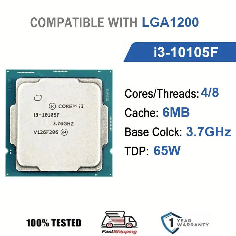 Intel Core i3-10105F 4 núcleos 8 hilos 3,70 GHz 65 W 6 MB de caché 14 nm LGA1200 SRH3Q DDR4-2666 MHz Comet Lake